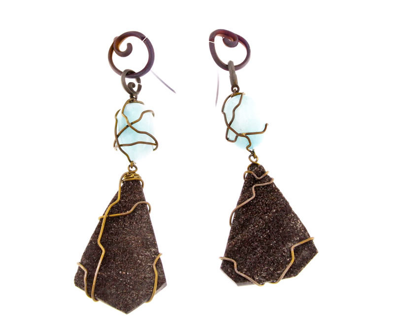 fossil wood and blue aragonite earrings